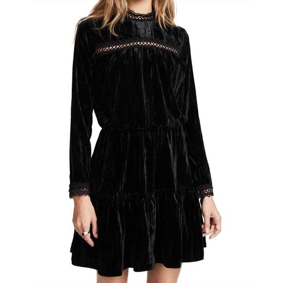 Shoshanna Primrose Velvet Dress Jet Black Long Sleeves Mock Neck Crochet Trim, 6 - Picture 1 of 16